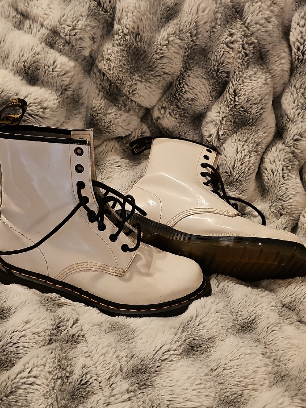 Dr. Martens White Patent Lace-Up Combat Boots with Black Laces